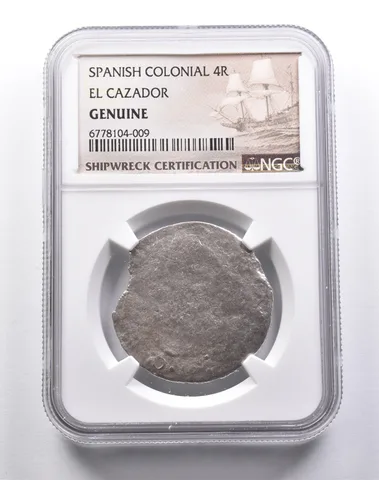 Genuine El Cazador Spanish Colonial 4 Reales NGC Shipwreck Certification *3702
