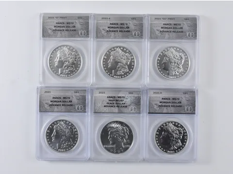 Lot (6) 2021-P/D/S/"O"/"CC" Morgan/Peace Silver Dollar AR MS70 ANACS a0521