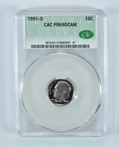 1991-S Roosevelt Dime PR69 DCAM CAC CACg