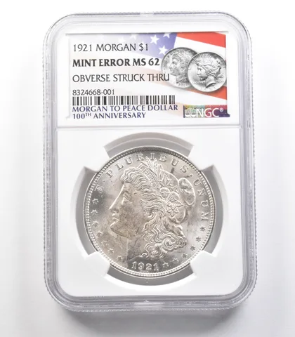 1921 Morgan Silver Dollar Mint Error Obverse Struck Thru MS62 NGC *2495