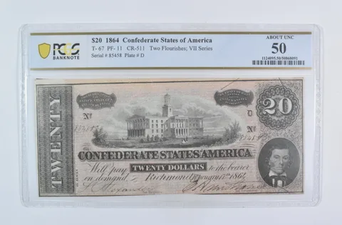 1864 $20 Confederate States Of America T-67 PF-11 CR-511 About Unc 50 PCGS a5871