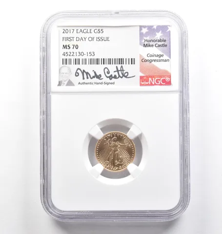 2017 $5 American Gold Eagle Mike Castle FDOI 1/10 Oz Gold MS70 NGC *6969