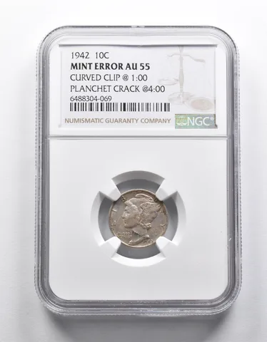 Mint Error AU55 1942 Mercury Dime Curved Clip Planchet Crack NGC *1889