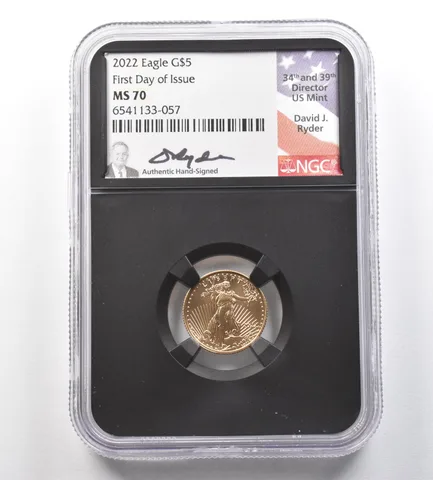 2022 $5 American Gold Eagle David Ryder FDOI 1/10 Oz Gold MS70 NGC *0995