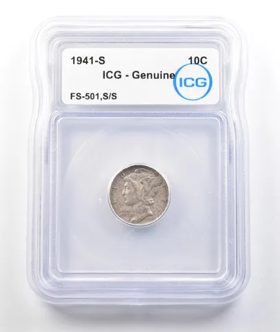 1941-S Mercury Dime FS-501 S/S Genuine ICG *0400