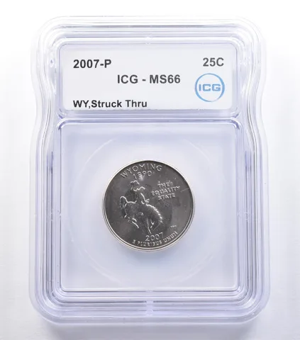 2007-P Washington State Quarter Wyoming Mint Error Struck Thru MS66 ICG *9586