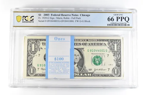 (100) 2003 $1 Chicago IL FRN Fr#1929-G Full Pack Gem Unc 66 PPQ PCGS *9858
