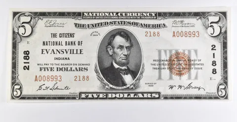 1929 $5 Evansville, IN US National Currency CH 2188 Brown Seal Unc *9753
