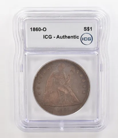 1860-O Seated Liberty Silver Dollar Authentic ICG Beautiful Tone *4763
