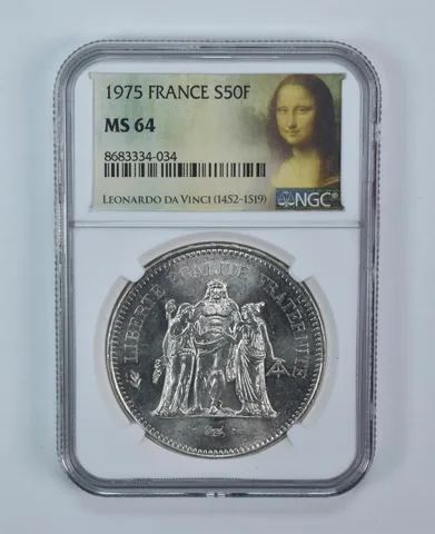 1975 France 50 Francs Silver MS64 NGC Mona Lisa Label