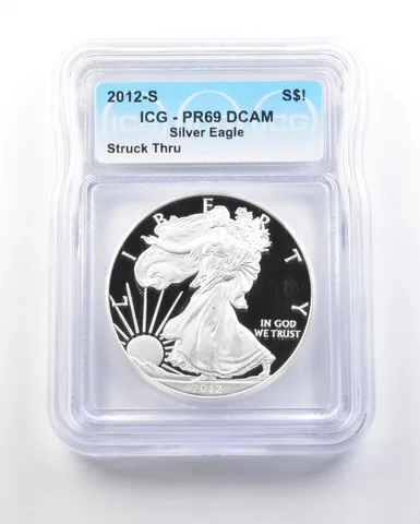 2012-S American Silver Dollar Struck Thru PR69 DCAM ICG *0596