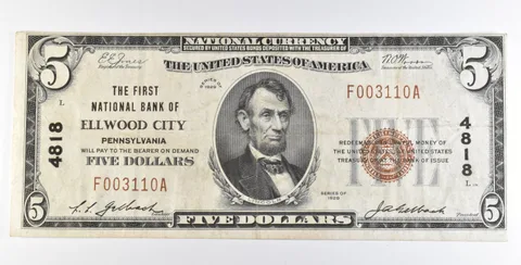 1929 $5 National Currency Note Ellwood City PA Ch#4818 *5615