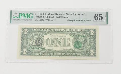 Gem UNC 65 EPQ 1974 $1 FRN Richmond - FR#1908-E Overprint Error - PMG *6575
