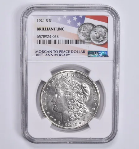 1921-S Morgan Silver Dollar BU Uncirculated NGC 2021 Flag Lbl