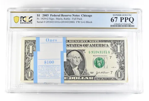 (100) 2003 $1 Chicago IL FRN Fr#1929-G Full Pack Gem Unc 67 PPQ PCGS *0198