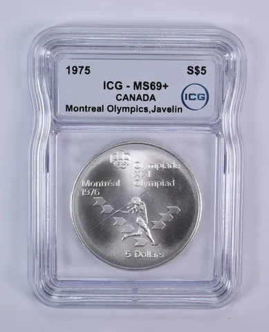 1975 Canada 5 Dollars Silver Montreal Olympics Javelin MS69+ ICG