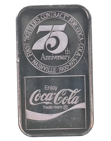 1975 1 Oz Silver Bar Coca-Cola 75th Anniversary Nashville WWM Nice Tone *4285