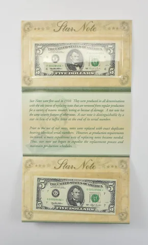Lot (2) 1993/1995 $5 Chicago IL/Atlanta GA FRN Star Note Green Seal *0380