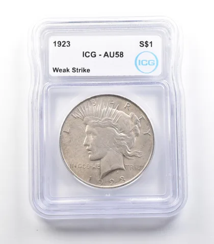 1923 Peace Silver Dollar Mint Error Weak Strike AU58 ICG *2344