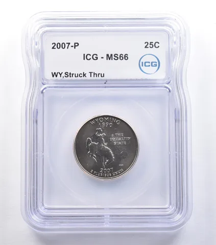 2007-P Washington State Quarter Wyoming Mint Error Struck Thru MS66 ICG *9581
