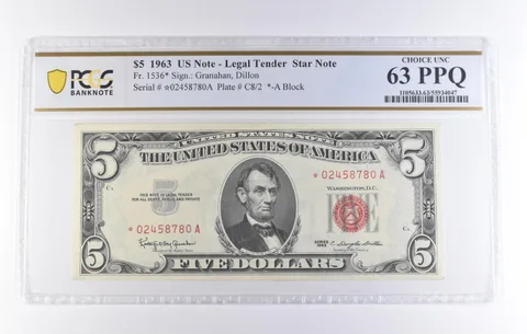 1963 $5 Legal Tender Star Note Fr#1536* Choice Unc 63 PPQ PCGS *8299