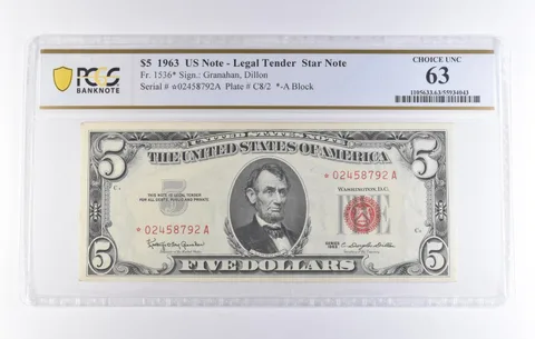 1963 $5 Legal Tender Star Note Fr#1536* Choice Unc 63 PCGS *8296