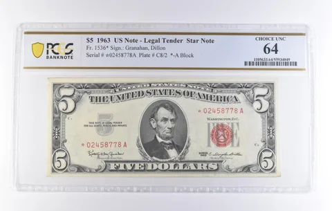 1963 $5 Legal Tender Star Note Fr#1536* Choice Unc 64 PCGS *8300