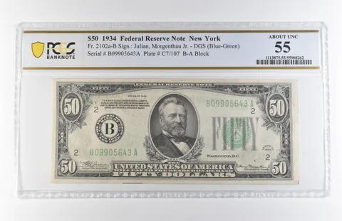 1934 $50 New York NY FRN Fr#2102a-B DGS (Blue-Green) About Unc 55 PCGS *7900