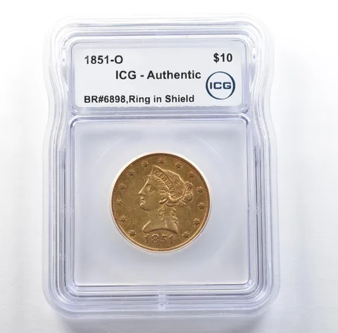 1851-O $10 Liberty Head Gold Eagle BR#6898 Ring In Shield Authentic ICG *3072
