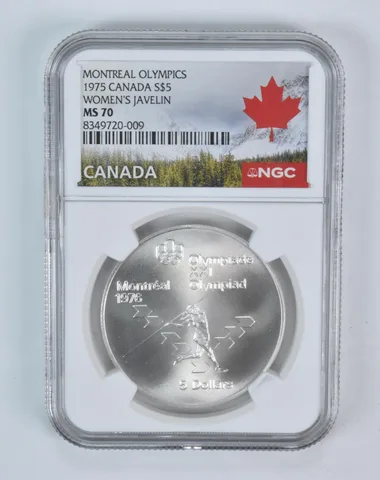 1975 Canada 5 Dollars Silver Olympic Women's Javelin MS70 NGC Canada Lbl