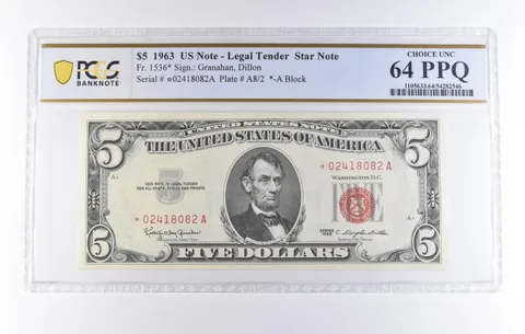 1963 $5 Legal Tender Star Note Fr#1536* Choice Unc 64 PPQ PCGS *8223