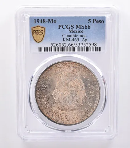 1948 Mo Mexico 5 Pesos Cuauhtemoc Silver KM-465 MS66 PCGS Beautiful Tone *8713