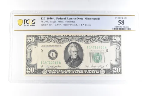1950 A $20 Minneapolis MN FRN Fr#2060-I Choice AU 58 PCGS *6083