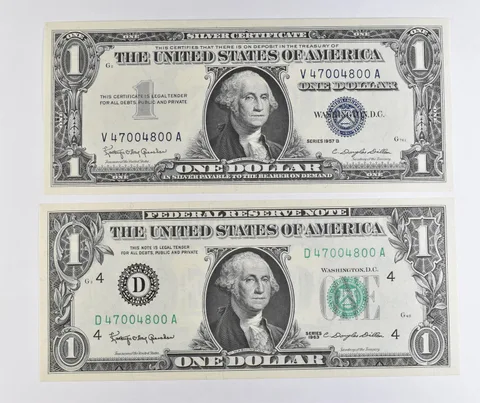 Lot (2) Matching Serial Numbers 1957 B $1 Silver Certificate/1963 $1 FRN *1723