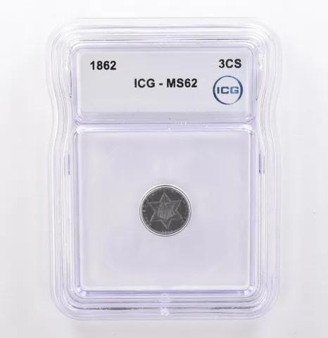 1862 Three Cent Silver Trime MS62 ICG Beautiful Tone *9253