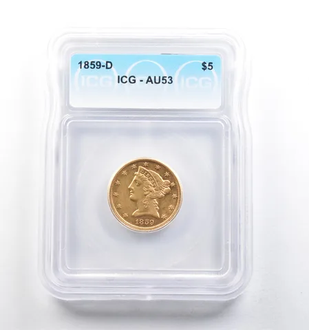 1859-D $5 Liberty Head Gold Half Eagle AU53 ICG *5691