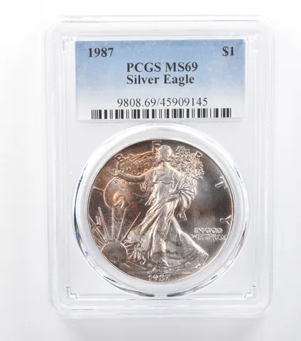 1987 American Silver Eagle MS69 PCGS Mottled Amber Tone *7760