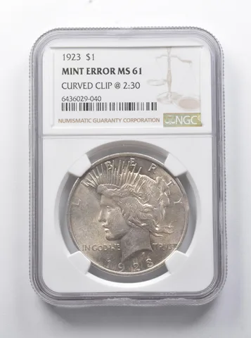 MINT ERROR MS61 1923 Peace Silver Dollar Curved Clip @ 2:30 NGC a7883