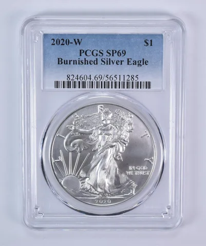 2020-W Burnished Silver Eagle SP69 PCGS Blue Label