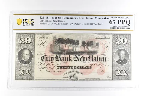 1860s $20 Remainder New Haven CT City Bank Superb Gem Unc 67 PPQ PCGS *2107
