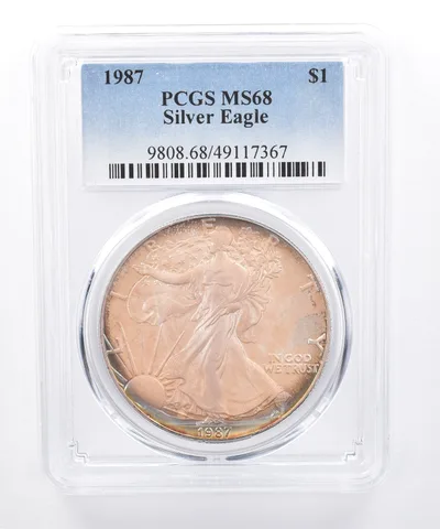 1987 American Silver Eagle MS68 PCGS Iridescent Tone *8460