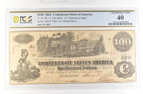 1862 $100 Confederate States Large Note T-39 PF-13 CR-294/6 EF 40 PCGS *4143