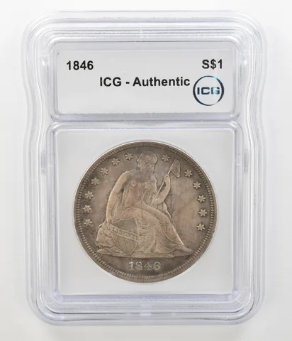 1846 Seated Liberty Silver Dollar Authentic ICG Beautiful Tone a4533