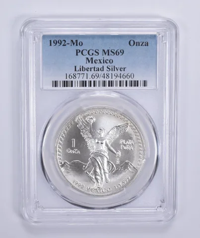 1992 Mo Mexico 1 Onza Silver Libertad MS69 PCGS Blue Label