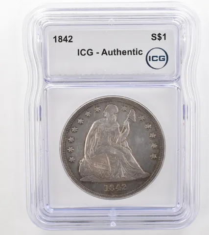 1842 Seated Liberty Silver Dollar Authentic ICG Beautiful Tone *9125