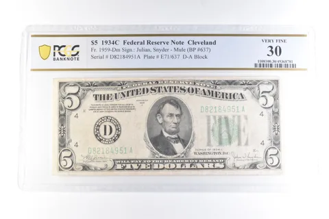1934 C $5 Cleveland OH FRN Fr#1959-Dm Mule Very Fine 30 PCGS a6064