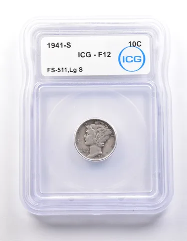 1941-S Mercury Dime FS-511 Large S F12 ICG *9859