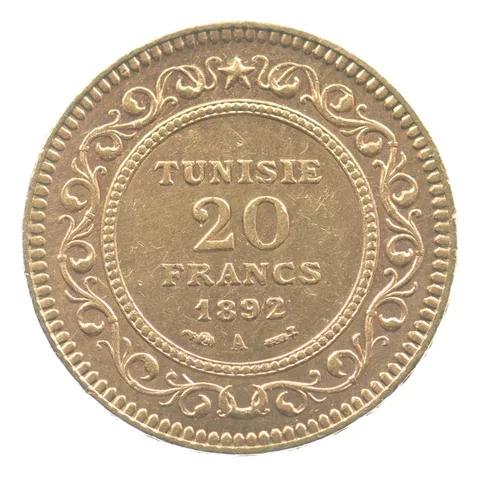 1892 A Tunisia 20 Francs Gold *2586