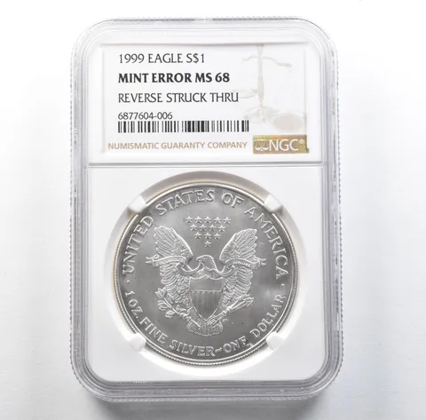 1999 American Silver Eagle Mint Error Reverse Struck Thru MS68 NGC *3131