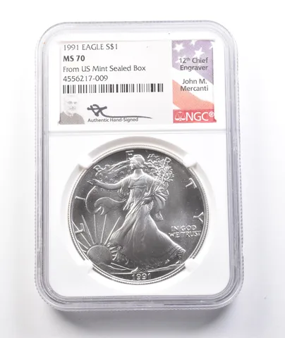 1991 American Silver Eagle From US Mint Sealed Box Mercanti MS70 NGC *3752